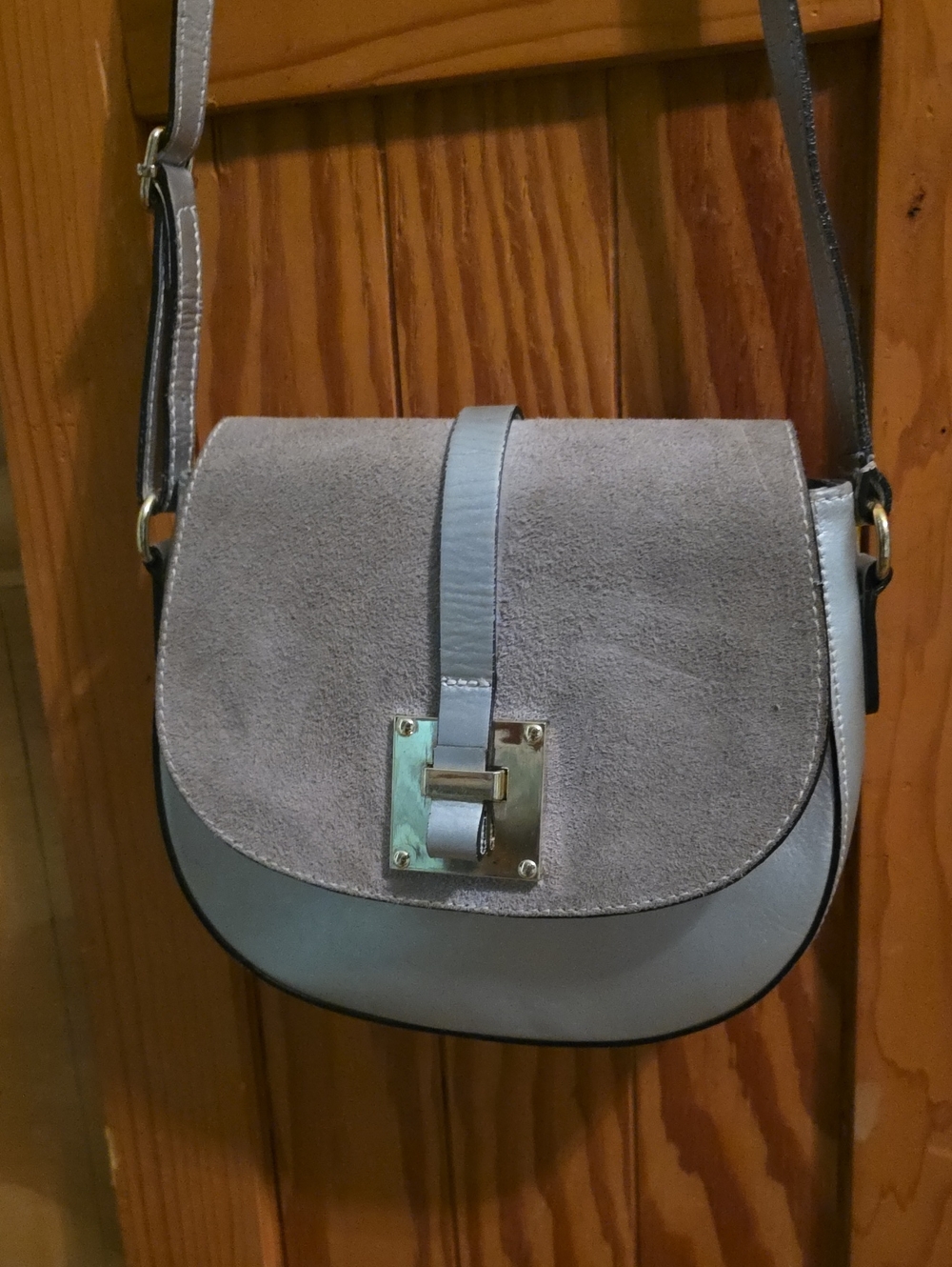 Gray Suede & Leather Crossbody Bag with Gold-Tone Lock